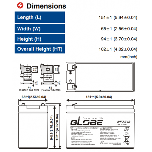 ẮC QUY KÍN KHÍ (VRLA AGM) GLOBE 12V-7.5Ah, WP7.5-12